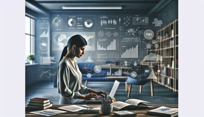 Small business owner reviewing SEO trends on a laptop in a modern office environment, surrounded by marketing resources.