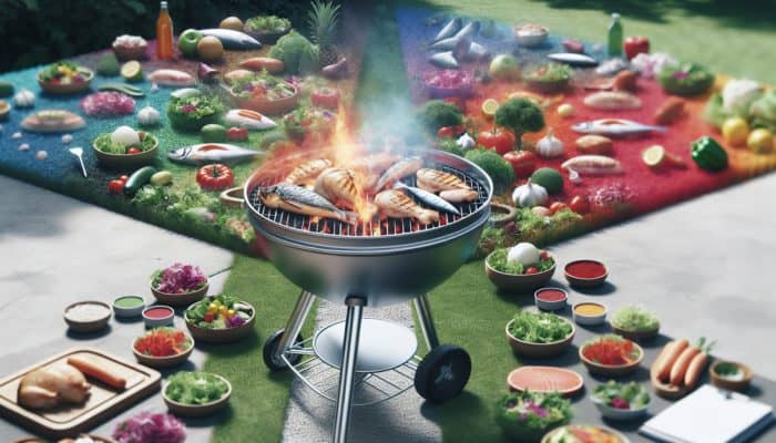 Lean meats like chicken and fish grilling on a modern BBQ, surrounded by healthy side dishes.