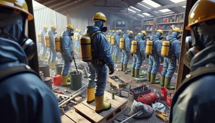 UK shed clearance workers in PPE conducting risk assessment among tools and hazards.