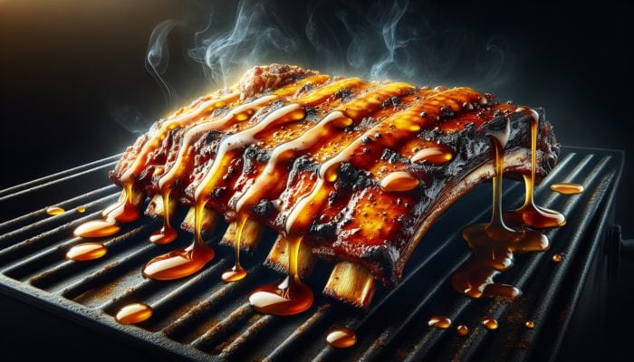 A rack of ribs glazed with honey, caramelizing on a BBQ grill, with a glossy, sweet finish.
