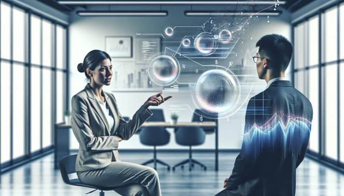 Financial advisor explaining debt consolidation strategies to a client in a modern office with charts and graphs.