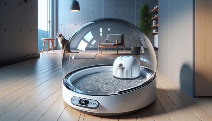 Sleek, high-tech litter robot with transparent dome, self-cleaning in a modern home, satisfied cat nearby.