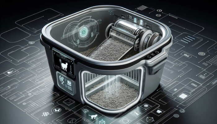 High-tech litter robot with sensors, sifting mechanism, and sealed waste compartment for a clean, odour-free cat environment.