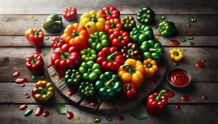 A vibrant array of cut bell peppers in green, red, yellow, and orange on a rustic table with BBQ sauce.