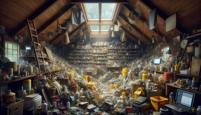 Multi-Day Planning Tips for House Clearance: Cluttered attic with sorted piles of family heirlooms, photos, antiques, and hazardous materials under skylight.