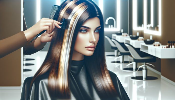 A woman receiving blonde highlights in a modern salon, showcasing effective highlighting techniques.