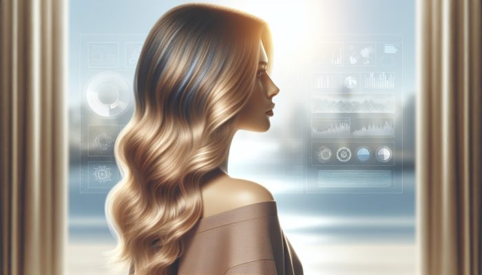 A woman with balayage blonde highlights reflecting natural sunlight on a bright day.