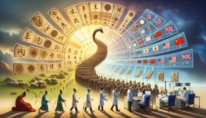 Historical tapestry illustrating acupuncture's journey in the UK, from Roman influences to contemporary healthcare practices.