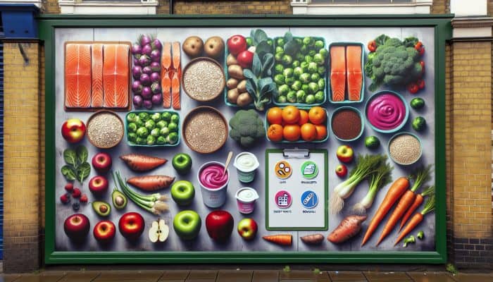 Healthy Eating for Travelers: A colorful UK market stall showcasing nutritious foods like oats, salmon, Brussels sprouts, quinoa, sweet potatoes, broccoli, apples, and yogurt.