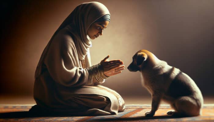 A person kneeling calmly, bonding with a relaxed pet in a warm, inviting atmosphere.