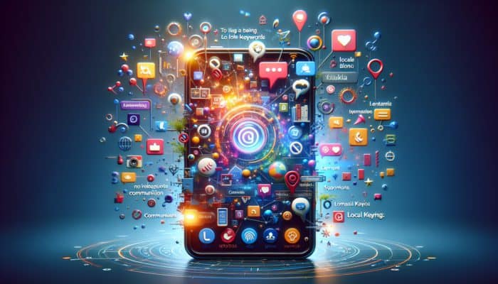 A smartphone displaying a local blog with images, videos, social media buttons, and an active comments section, optimized for SEO.