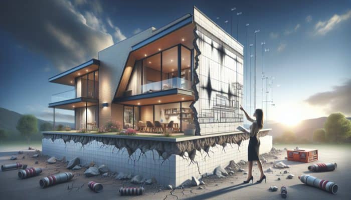 A modern home with earthquake-proofing features like base isolators and reinforced walls, highlighted by a safety engineer.