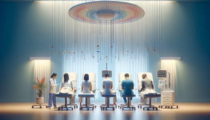 A diverse group of patients receiving acupuncture in a tranquil UK hospital environment, part of an NHS pain management initiative.