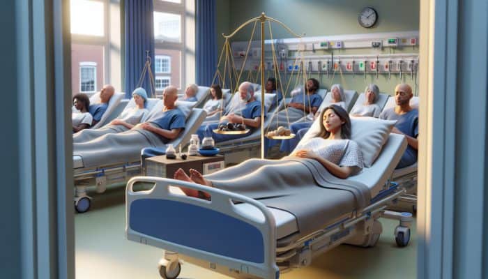 A peaceful UK hospital environment showcasing diverse post-surgery patients receiving acupuncture, surrounded by clinical evidence of its efficacy.