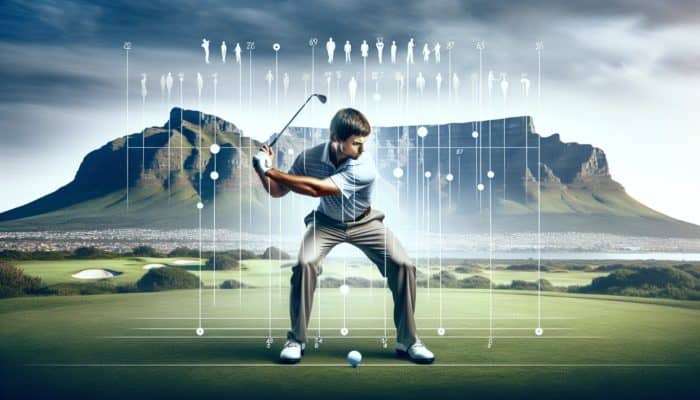 Golfer in South Africa perfecting posture on green course with Table Mountain background.