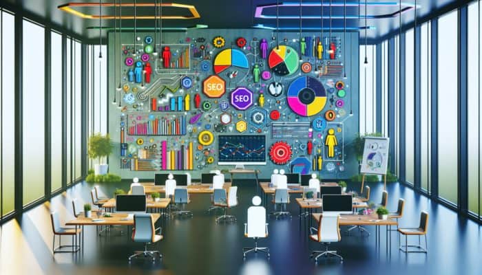 A modern digital marketing office in Tidworth with SEO analytics on screen, local business owners collaborating, and a highlighted map of Tidworth.