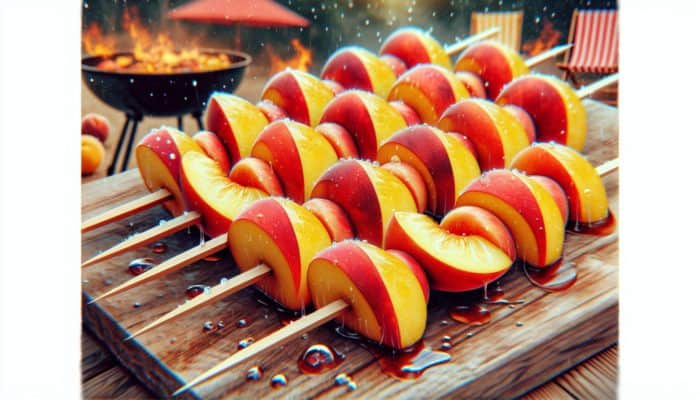 Fresh peach wedges on skewers, soaked in lemon juice, prepared for grilling at a summer barbecue.