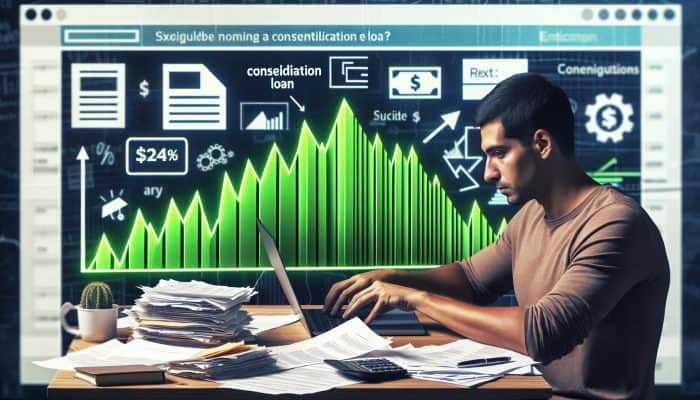 Consolidating Utility Bills With A Loan: UK Guide | DCL Person at desk with utility bills, using laptop to apply for loan, graph showing debt reduction.
