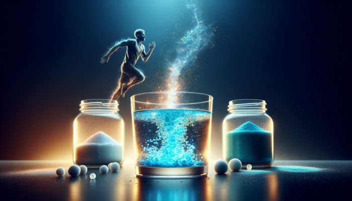 A glass of water with blue electrolyte powder dissolving, surrounded by labeled jars of sodium, potassium, and magnesium, with an athlete in the background.