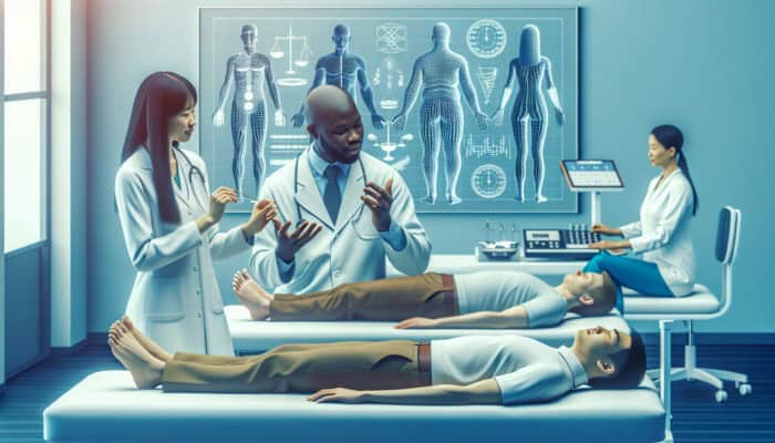 A modern acupuncture clinic where experts discuss weight loss benefits, patients receiving treatment, and effectiveness data.