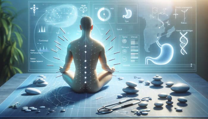 Acupuncture session targeting metabolism with needles positioned on spleen and stomach points, clinical setting featuring hormonal diagrams.