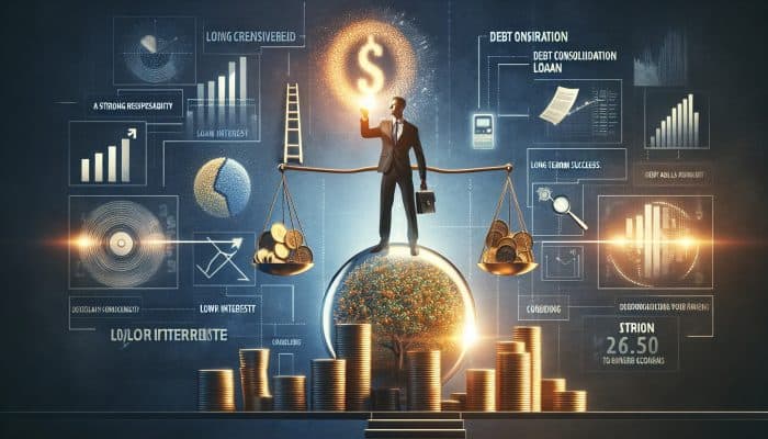 A person reviewing loan documents, selecting a debt consolidation loan with a lower interest rate, symbolizing financial responsibility.