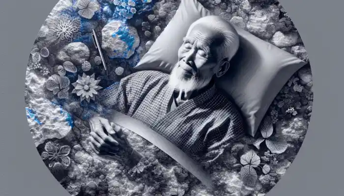 An elderly person sleeping soundly on a soft, moisture-managing disposable bed sheet with waterproof backing, emphasizing comfort and protection.