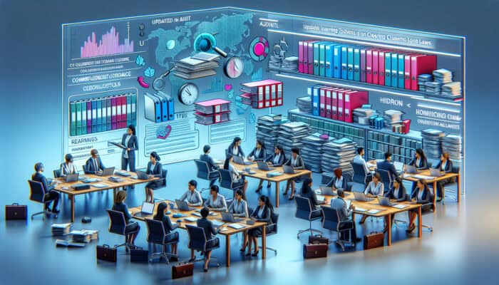 A detailed audit and compliance training session on UK clearance laws in a modern office with updated documents.