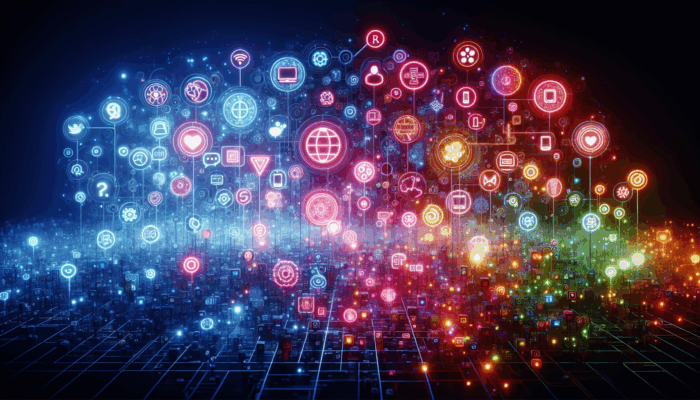 Digital Advertising in Keynsham for Small Business: A vibrant digital landscape featuring interconnected social media icons, search engine pages, and interactive websites catering to Keynsham's small businesses.