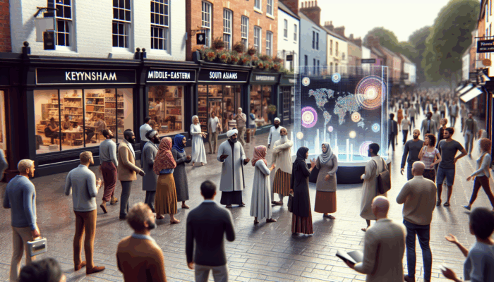 Local influencers in Keynsham engaging with crowds, effectively promoting small business products via digital screens.