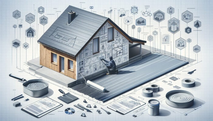 A home's foundation fitted with a durable waterproof membrane applied to exterior walls, preventing water intrusion.