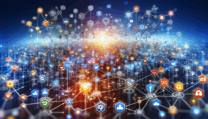 A vibrant digital landscape showcasing interconnected nodes for social media, SEO, and email icons, representing online marketing strategies.