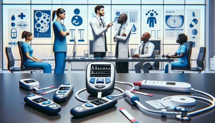 Diabetes Blood Testing in Airdrie: Infographic on diabetes blood testing in Airdrie clinic, featuring glucose meters, test strips, and medical staff.