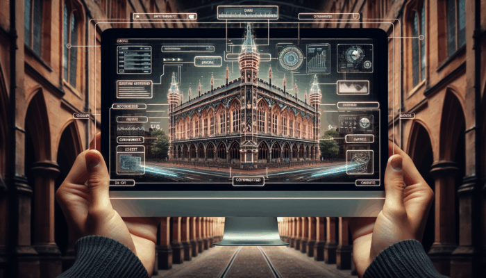 A computer screen displaying SEO-optimized web page elements, with Exeter's historic architecture in the background.