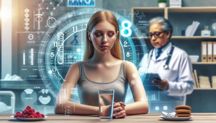 Person fasting for diabetes test, with water, clock showing eight hours, doctor in background.