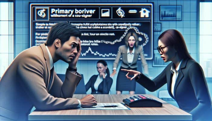 Debt Consolidation Loan Cosigner Rules: UK Guide | DCL A lender adjusts loan terms on a screen as a distressed borrower reacts to cosigner withdrawal, indicating financial instability.