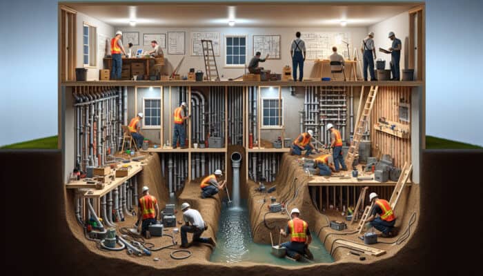 Professionals installing an interior drainage system through assessment, excavation, and component installation over several days.