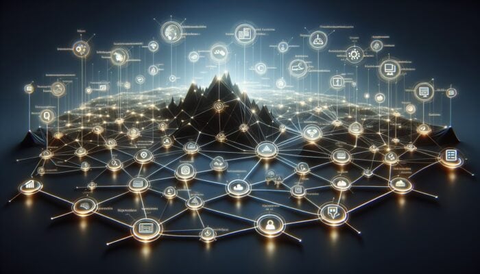 A digital landscape with glowing pathways connecting nodes, symbolising a well-structured website with strategic internal links.