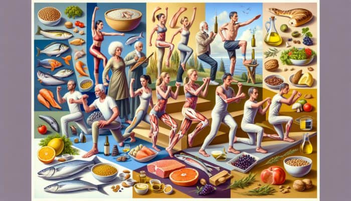 Advanced Joint Health Protocols: A diverse group engaging in tailored exercises and enjoying regional foods like fish, olive oil, and nuts for joint health.