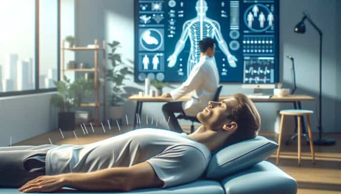 Acupuncture for Workout Recovery: Person receiving acupuncture in a modern UK fitness studio for holistic recovery.