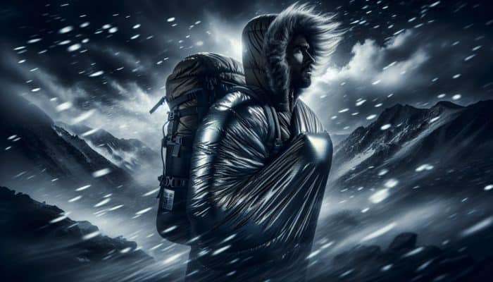 A rugged hiker wrapped in a shiny emergency sleeping bag shields from stormy mountain winds and snow, emphasizing survival warmth.