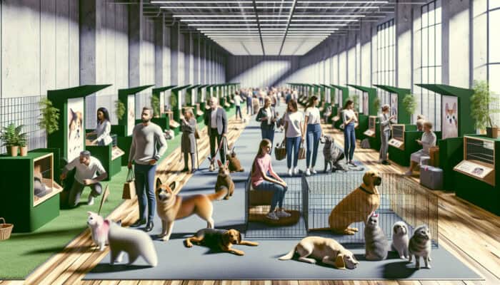 An organised pet adoption fair with expert-designed booths, calm animals, and engaged visitors.