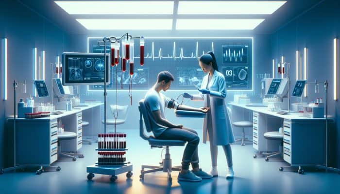 A doctor draws blood from a patient's arm in a sterile clinic, surrounded by lab equipment, test tubes, and digital graphs.