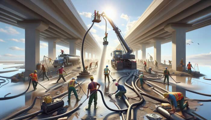 Workers at a construction site utilizing pumps and wet vacuums to manage water accumulation and prevent flooding during clearance.