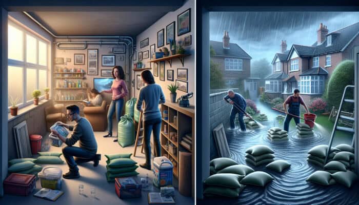 A Manchester family waterproofing their basement and storing valuables high. Bristol homeowners using sandbags and drainage solutions to divert garden floodwater.