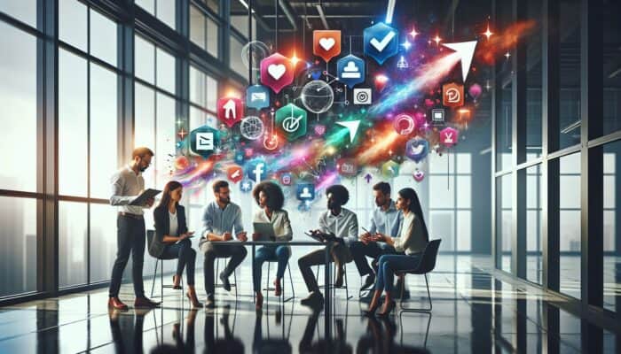 Diverse team in a contemporary office discussing social media challenge ideas, viewing laptops with feedback graphs and floating icons.